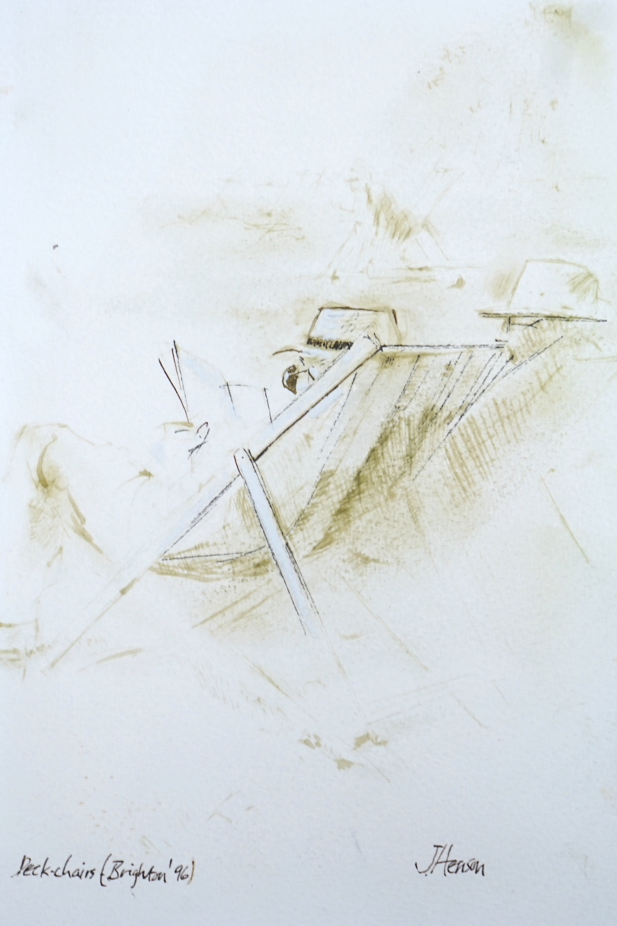 John Henson (contemporary), ink and wash, 'Deckchairs (Brighton '96)', signed, 24.5 x 17cm